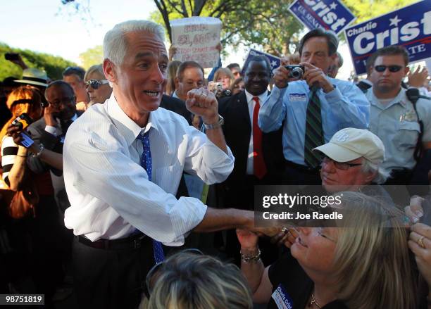 Florida Gov. Charlie Crist greets supporters at his announcement that he will make an independent bid for the open U.S. Senate seat on April 29, 2010...