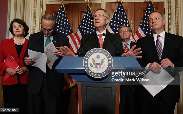 Senate Majority Leader Harry Reid , speaks while flanked by Sen. Richard Durbin , Sen. Robert Menendez , Sen. Chuck Schumer and Sen. Dianne Feinstein...