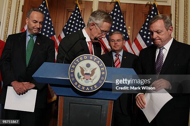 Senate Majority Leader Harry Reid , Sen. Richard Durbin , Sen. Robert Menendez , and Sen. Chuck Schumer participate in a news conference on...
