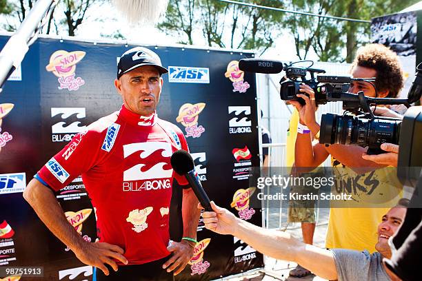 Kelly Slater of the United States of America chats to the media during the 2010 Santa Catarina Pro on April 29, 2010 in Santa Catarina, Brazil.