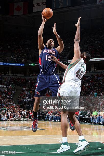 Al Horford of the Atlanta Hawks goes up for a shot against Kurt Thomas of the Milwaukee Bucks in Game Four of the Eastern Conference Quarterfinals...