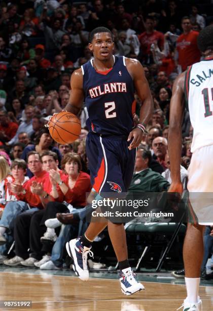 Joe Johnson of the Atlanta Hawks moves the ball up court against the Milwaukee Bucks in Game Four of the Eastern Conference Quarterfinals during the...