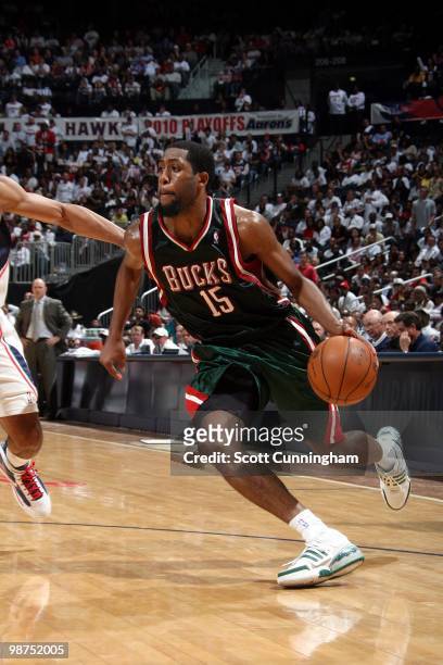 John Salmons of the Milwaukee Bucks drives the ball up court against the Atlanta Hawks in Game Five of the Eastern Conference Quarterfinals during...