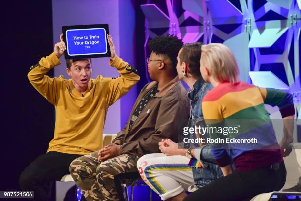Miles McKenna, Brittani Nichols, Jacob Tobia, and Hannah Hart on stage at "Live Telethon" with three-hour variety show "Pride Live" on GLAAD YouTube...