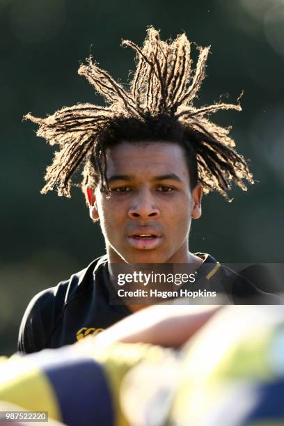 Ishmael Perkins-Banse of Wellington College looks on during the schoolboys 2018 Wellington 1st XV Premiership rugby match between Wellington College...