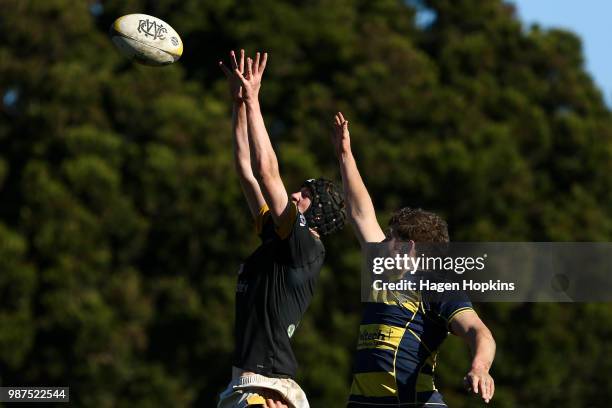 Sam Edlund of Wellington College and Lucas Megaw of Wairarapa College compete for a lineout during the schoolboys 2018 Wellington 1st XV Premiership...