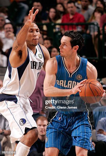 Redick of the Orlando Magic looks to move the ball against Shawn Marion of the Dallas Mavericks during the game on April 1, 2010 at American Airlines...