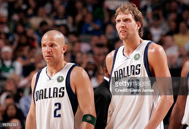 Jason Kidd and Dirk Nowitzki of the Dallas Mavericks stand on the court against the Orlando Magic during the game on April 1, 2010 at American...
