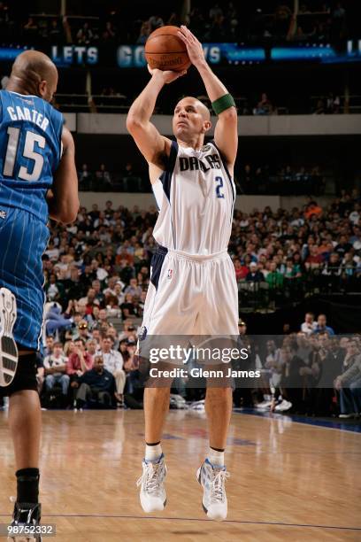 Jason Kidd of the Dallas Mavericks makes a jumpshot against Vince Carter of the Orlando Magic during the game on April 1, 2010 at American Airlines...