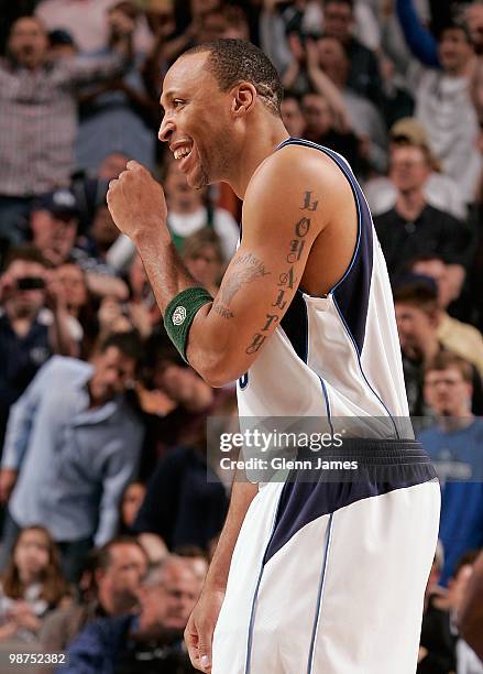 Shawn Marion of the Dallas Mavericks laughs oncourt against the Orlando Magic during the game on April 1, 2010 at American Airlines Center in Dallas,...