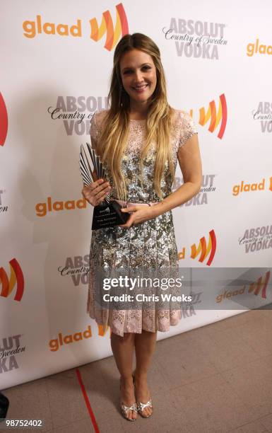 Actress Drew Barrymore poses with the 2010 Vanguard Award backstage at the 21st Annual GLAAD Media Awards held at Hyatt Regency Century Plaza Hotel...