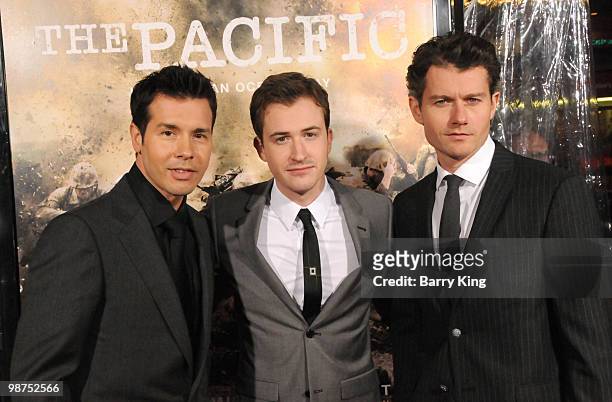 Actors Jon Seda, Joe Mazzello and James Badge Dale attend the premiere of HBO's new miniseries "The Pacific" at Grauman's Chinese Theatre on February...