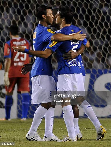 Players of Brazilian Cruzeiro celebrate after their goal against Uruguayan Nacional during their Copa Libertadores football match at Mineirao...