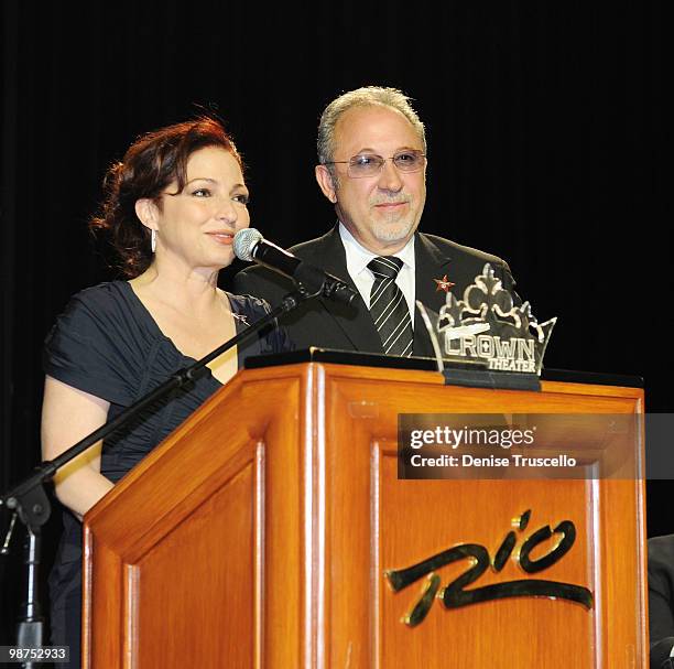 Gloria Estefan and Emilio Estefan speak at a press conference at the Crown Nightclub at Rio Hotel & Casino on April 29, 2010 in Las Vegas, Nevada.