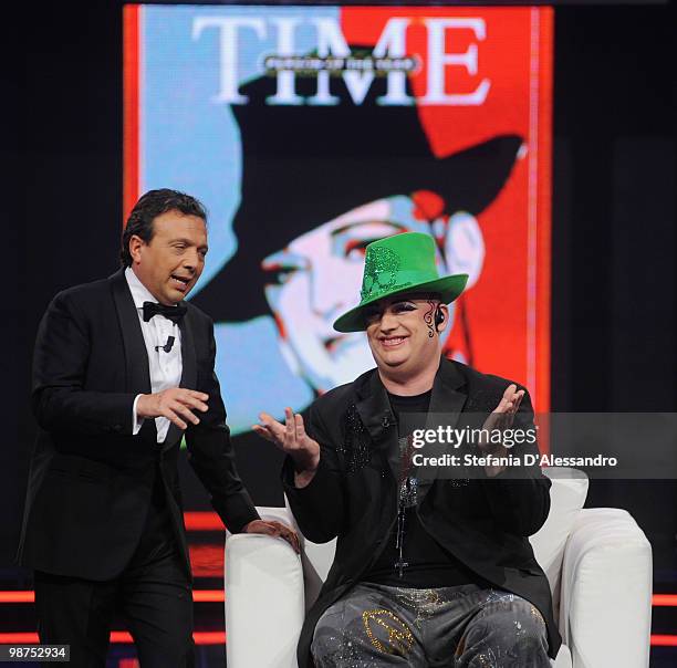 Piero Chiambretti and Boy George attend 'Chiambretti Night' Italian Tv Show held at Mediaset Studios on April 29, 2010 in Milan, Italy.