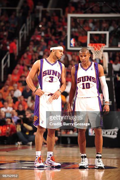 Jared Dudley and Leandro Barbosa of the Phoenix Suns talk mid-court as the Suns take on the Portland Trail Blazers in Game Five of the Western...