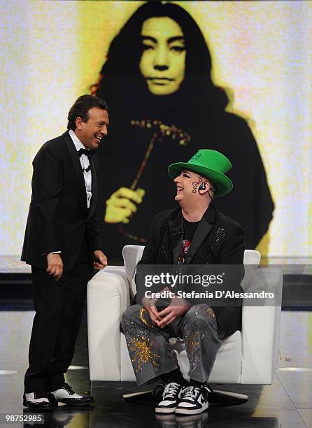 Piero Chiambretti and Boy George attend 'Chiambretti Night' Italian Tv Show held at Mediaset Studios on April 29, 2010 in Milan, Italy.