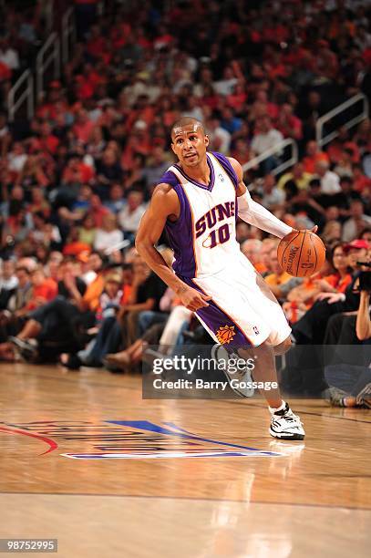 Leandro Barbosa of the Phoenix Suns moves the ball as the Suns take on the Portland Trail Blazers in Game Five of the Western Conference...