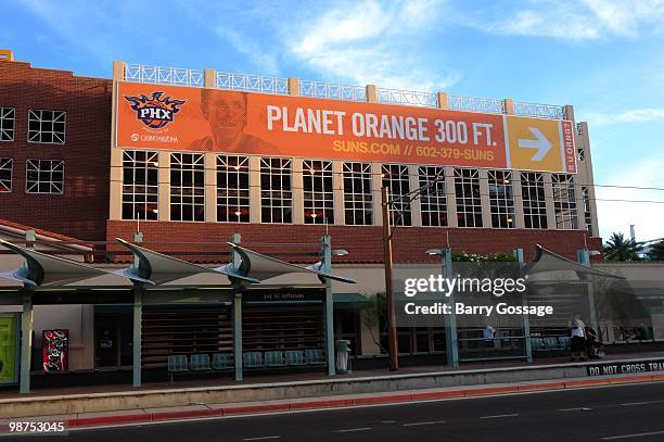 General View of a sign directing fans to "Planet Orange" outside the arena as the Phoenix Suns take on the Portland Trail Blazers in Game Five of the...