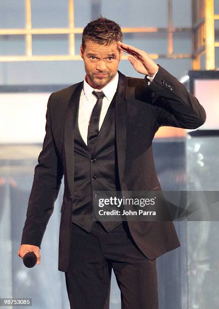 Singer Ricky Martin speaks onstage at the 2010 Billboard Latin Music Awards at Coliseo de Puerto Rico José Miguel Agrelot on April 29, 2010 in San...