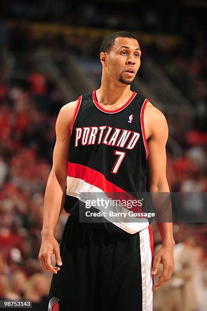 Brandon Roy of the Portland Trail Blazers stands on the court as the Blazers take on the Phoenix Suns in Game Five of the Western Conference...