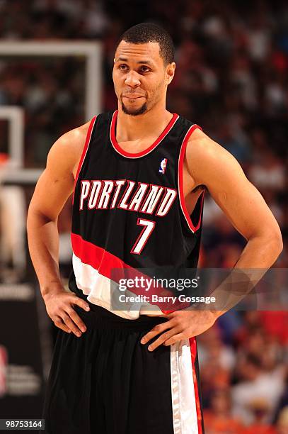 Brandon Roy of the Portland Trail Blazers stands on the court as the Blazers take on the Phoenix Suns in Game Five of the Western Conference...