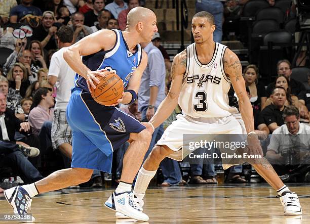 Jason Kidd of the Dallas Mavericks looks to make a move to the basket against George Hill of the San Antonio Spurs in Game Four of the Western...