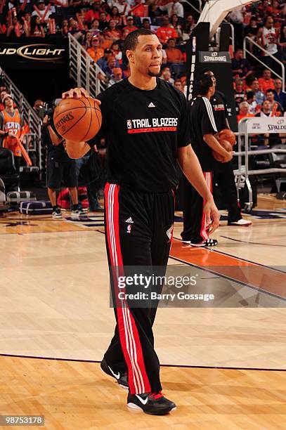 Brandon Roy of the Portland Trail Blazers warms up before taking on the Phoenix Suns in Game Five of the Western Conference Quarterfinals during the...