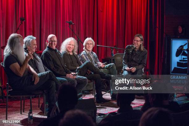 Musicians Leland Sklar, Danny Kortchmar, Waddy Wachtel, Russ Kunkel, Steve Postell and GRAMMY Museum Artistic Director Scott Goldman speak onstage...