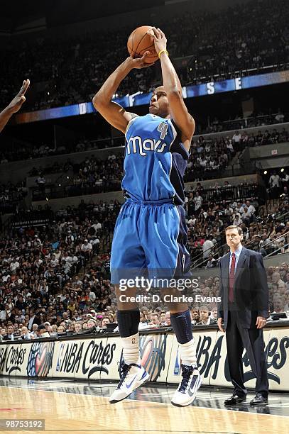 Caron Butler of the Dallas Mavericks shoots the jump shot against the San Antonio Spurs in Game Four of the Western Conference Quarterfinals during...