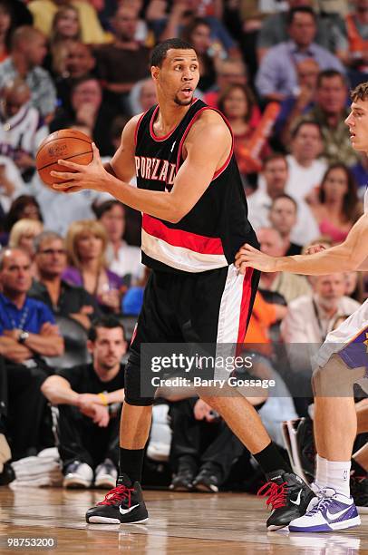Brandon Roy of the Portland Trail Blazers controls the ball as the Blazers take on the Phoenix Suns in Game Five of the Western Conference...