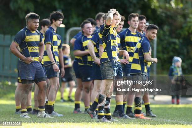 Wairarapa College players look on in disappointment during the schoolboys 2018 Wellington 1st XV Premiership rugby match between Wellington College...