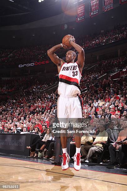 Dante Cunningham of the Portland Trail Blazers takes a jump shot against the Phoenix Suns in Game Three of the Western Conference Quarterfinals...