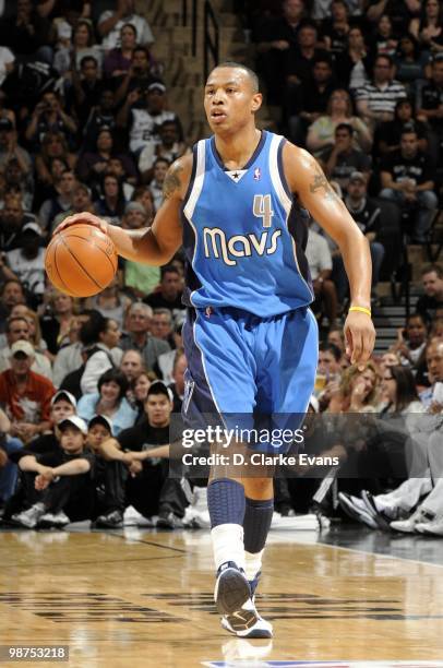 Caron Butler of the Dallas Mavericks dribbles the ball upcourt against the San Antonio Spurs in Game Four of the Western Conference Quarterfinals...