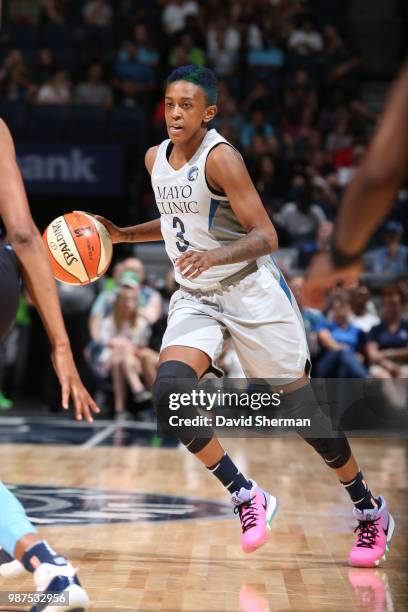 Danielle Robinson of the Minnesota Lynx handles the ball against the Atlanta Dream on June 29, 2018 at Target Center in Minneapolis, Minnesota. NOTE...