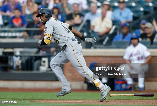 Starling Marte of the Pittsburgh Pirates in action against the New York Mets at Citi Field on June 26, 2018 in the Flushing neighborhood of the...