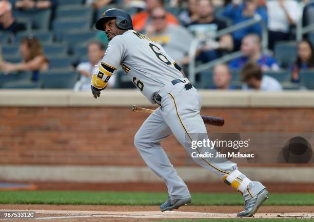 Starling Marte of the Pittsburgh Pirates in action against the New York Mets at Citi Field on June 26, 2018 in the Flushing neighborhood of the...