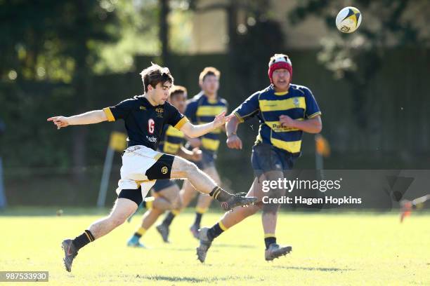 Liam Collett of Wellington College kicks during the schoolboys 2018 Wellington 1st XV Premiership rugby match between Wellington College and...