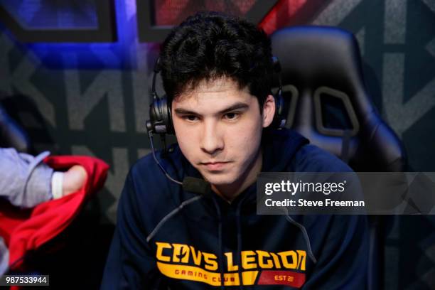 Hood of Cavs Legion Gaming Club speaks to media after game against Heat Check Gaming on June 23, 2018 at the NBA 2K League Studio Powered by Intel in...