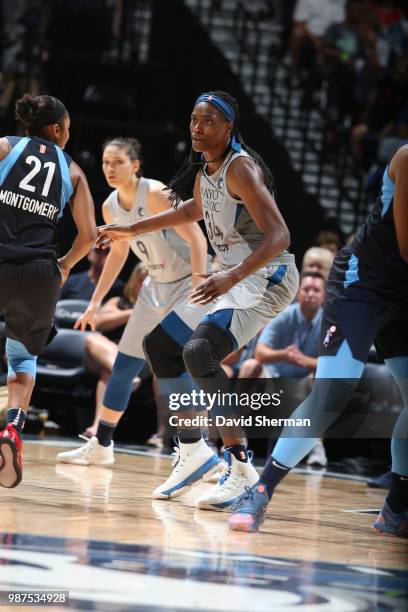 Sylvia Fowles of the Minnesota Lynx guards the ball against the Atlanta Dream on June 29, 2018 at Target Center in Minneapolis, Minnesota. NOTE TO...