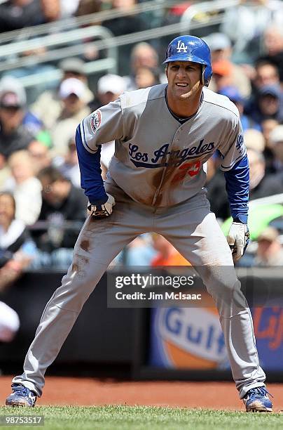 Casey Blake of the Los Angeles Dodgers leads off first base against the New York Mets on April 28, 2010 at Citi Field in the Flushing neighborhood of...