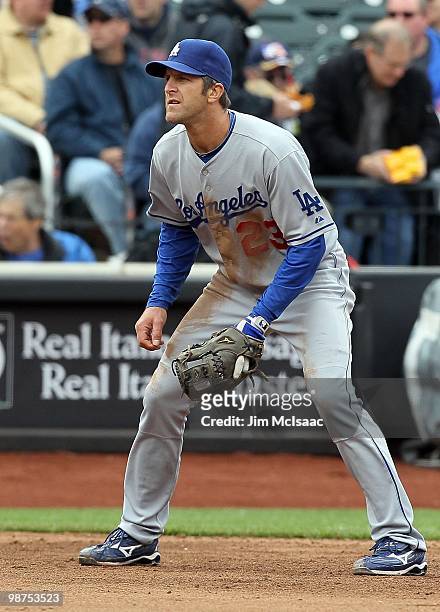 Casey Blake of the Los Angeles Dodgers plays third base against the New York Mets on April 28, 2010 at Citi Field in the Flushing neighborhood of the...