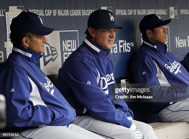 Manager Joe Torre and hitting coach Don Mattingly of the Los Angeles Dodgers look on before their game against the New York Mets on April 28, 2010 at...