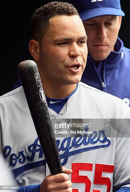Russell Martin of the Los Angeles Dodgers looks on against the New York Mets on April 28, 2010 at Citi Field in the Flushing neighborhood of the...