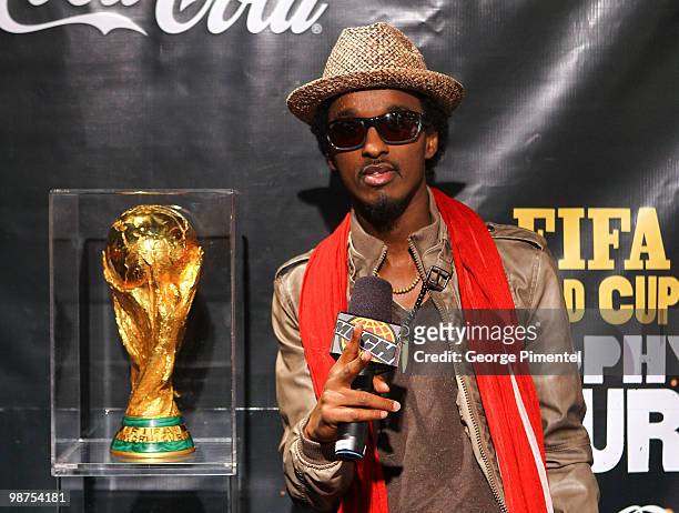 Singer K'naan brings the 2010 FIFA World Cup Trophy to Canada and visits MuchOnDemand at the MuchMusic HQ on April 29, 2010 in Toronto, Canada.