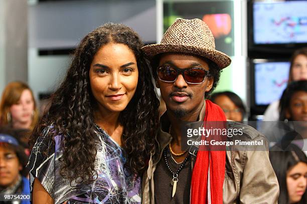 MuchMusic VJ Sarah Taylor with singer K'naan on the set of MuchOnDemand at the MuchMusic HQ on April 29, 2010 in Toronto, Canada.