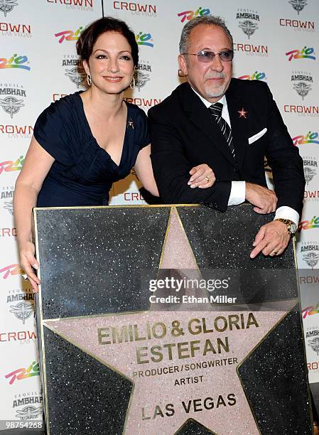 Singer Gloria Estefan and Emilio Estefan Jr. Appear with their star during a Las Vegas Walk of Stars dedication ceremony at the Crown Nightclub at...