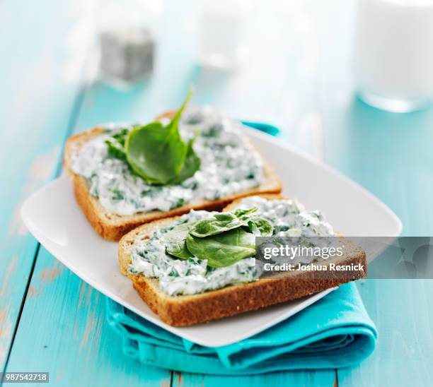 toast with spinach cheese spread on it and leaf garnish - cheese spread stock pictures, royalty-free photos & images