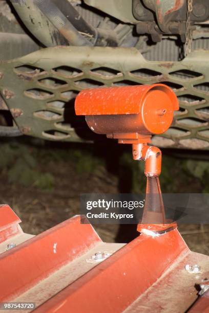 europe, greece, 2018: view of security camera on roof - ferngesteuerte kamera stock-fotos und bilder