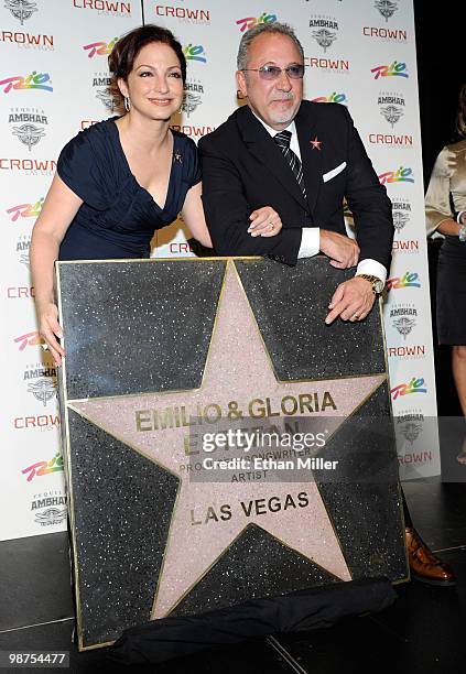 Singer Gloria Estefan and Emilio Estefan Jr. Appear with their star during a Las Vegas Walk of Stars dedication ceremony at the Crown Nightclub at...